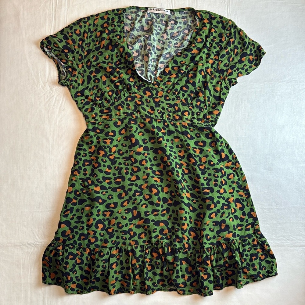 Ecowish Women's Green Black Leopard Print Lined Skirt Minidress Size S NWOT